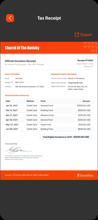 Official tax receipt for The Church of the Nativity