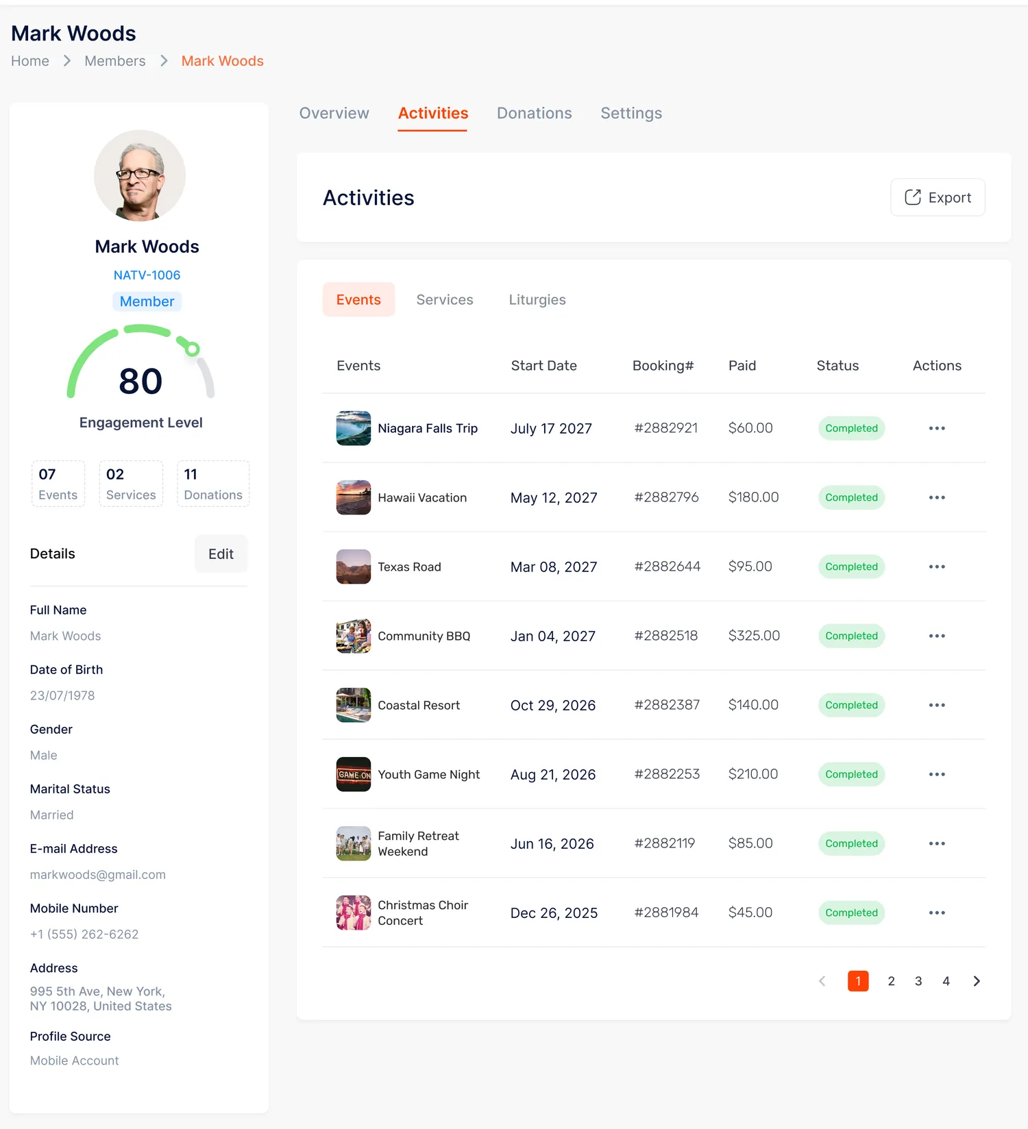Mark Woods in the admin — engagement level 80, with every event, service and gift on the record