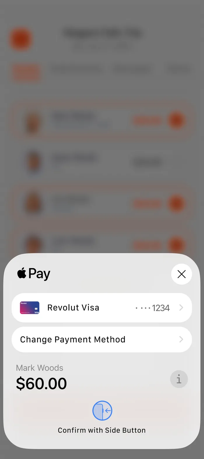 Apple Pay sheet — Mark Woods pays $60.00