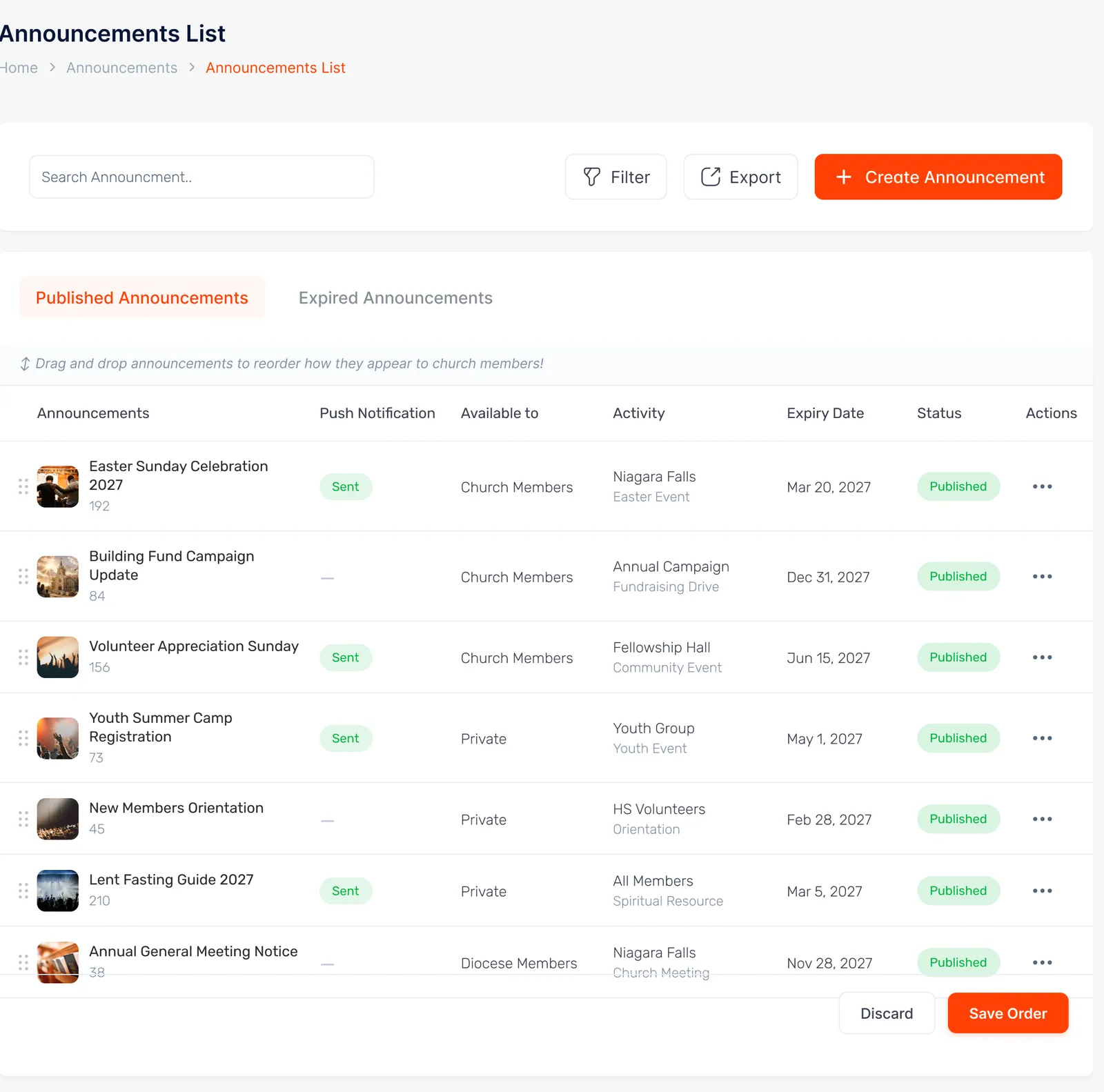 Announcements List — push status, audiences, activities, expiry dates, read counts