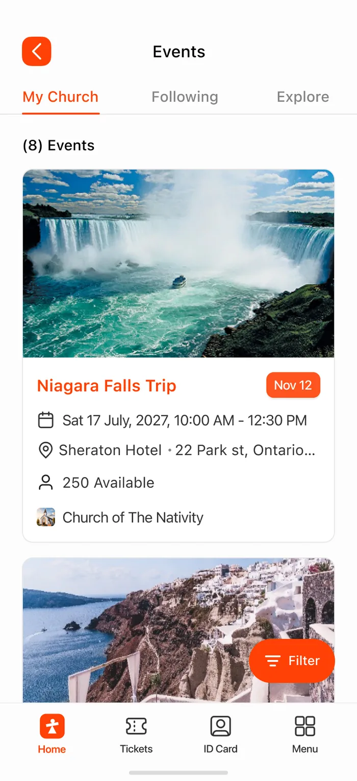 The Niagara Falls Trip appears in the ChurchPlan events feed