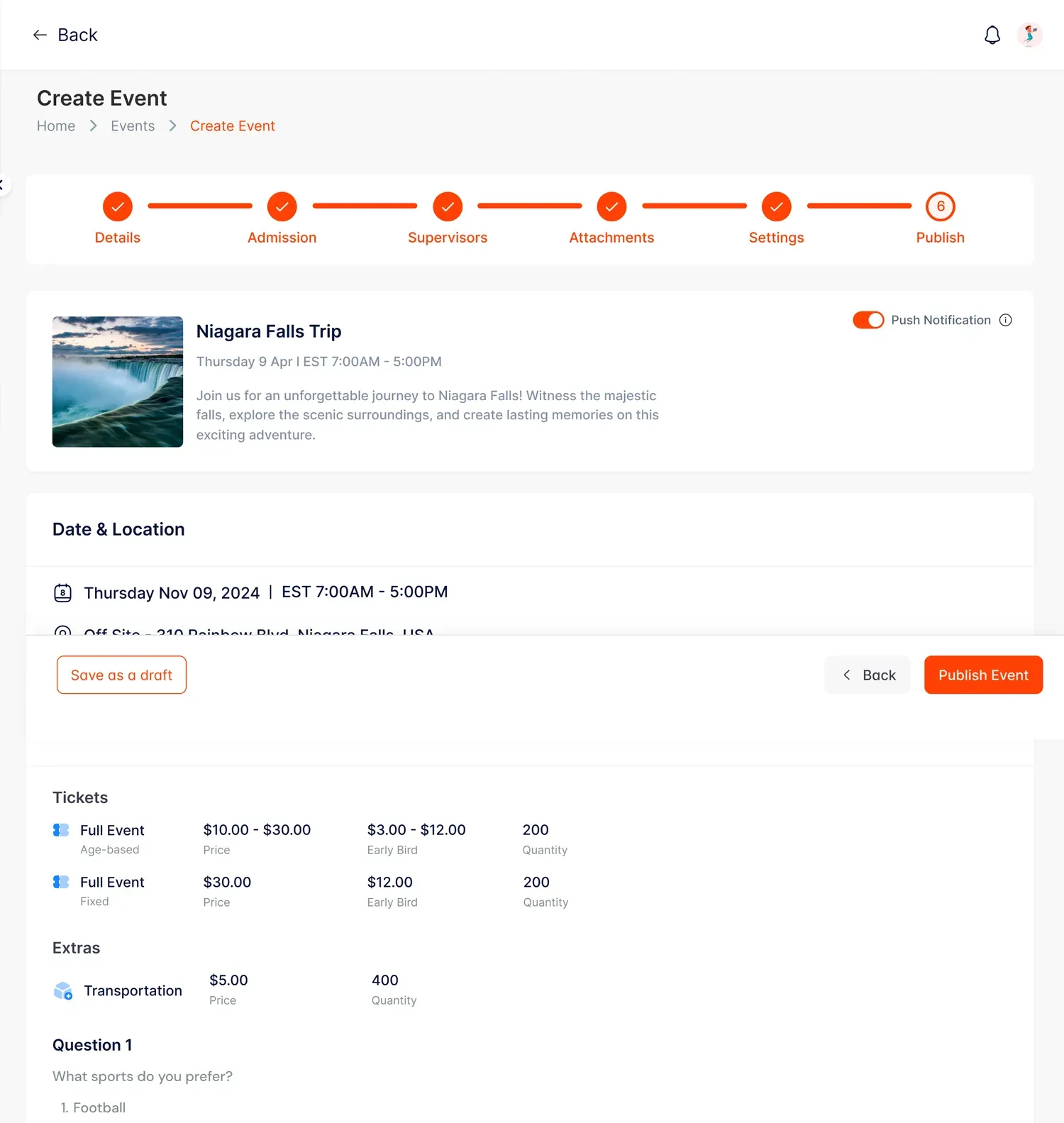 Six-step event builder — Details, Admission, Supervisors, Attachments, Settings, Publish