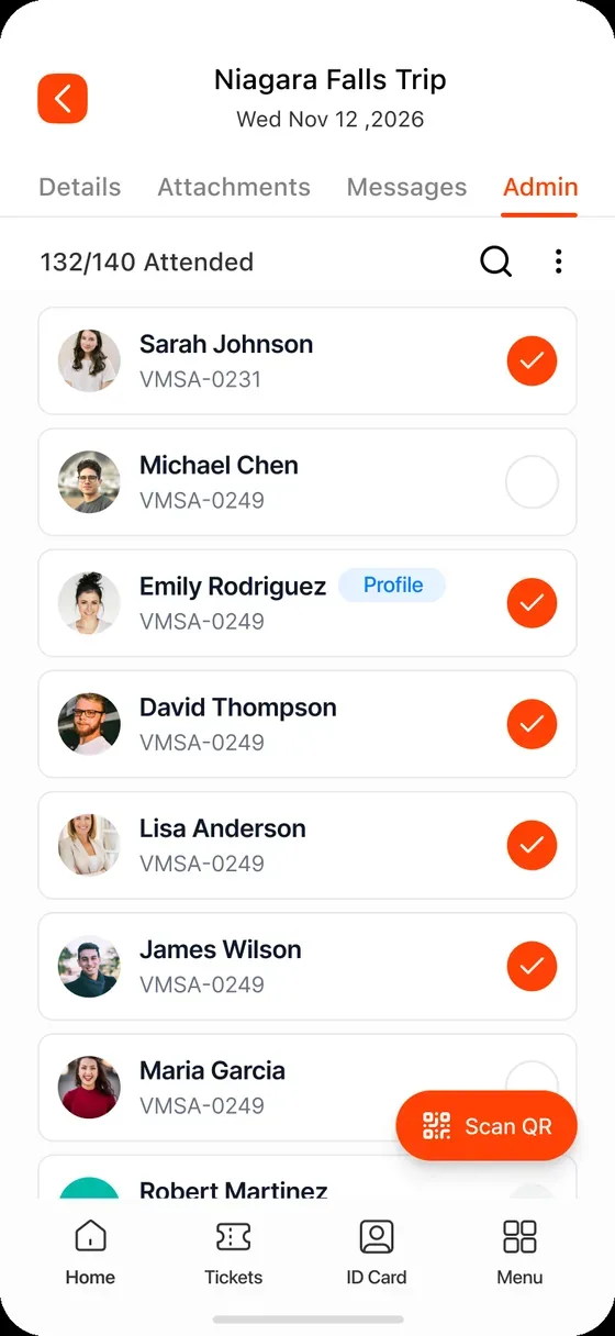 QR check-in — any staff phone becomes a scanner, headcounts update live