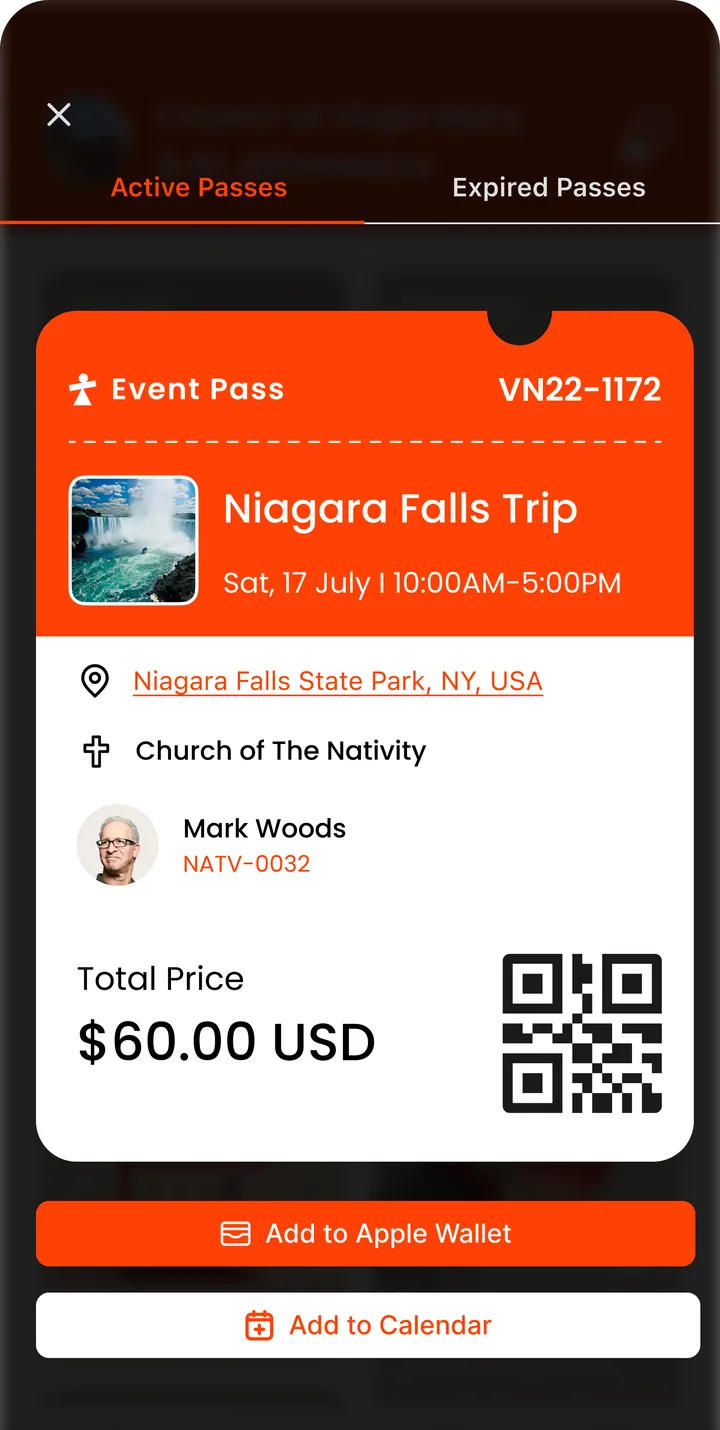Event Pass with QR code in the ChurchPlan app