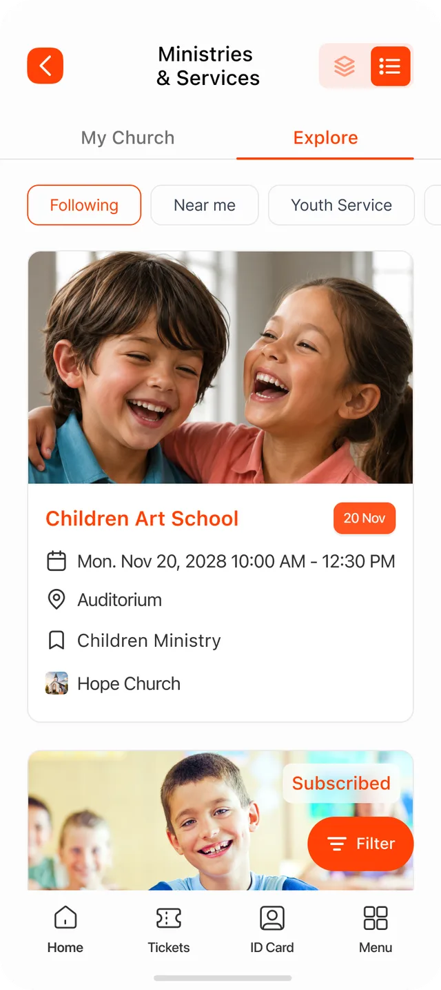 Member view — Explore tab with Following and Near me filters