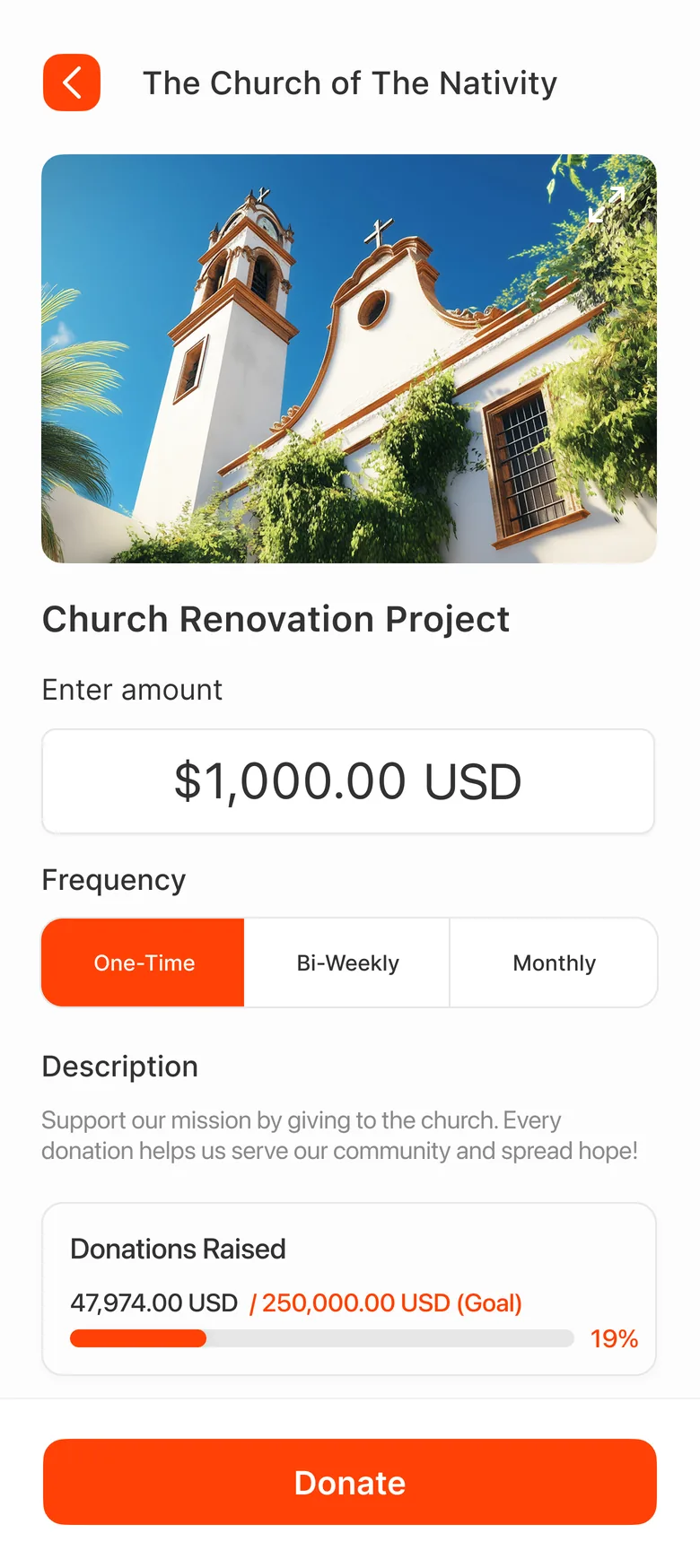 Member choosing a one-time $1,000 donation in the app