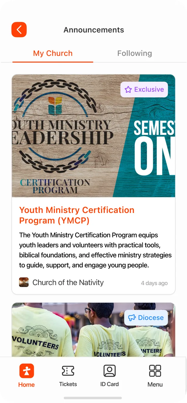 The Announcements feed — an Exclusive announcement from My Church and a Diocese post in Following