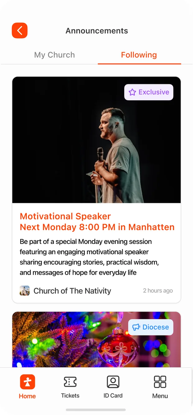 Announcements in ChurchPlan — Exclusive and Diocese badges