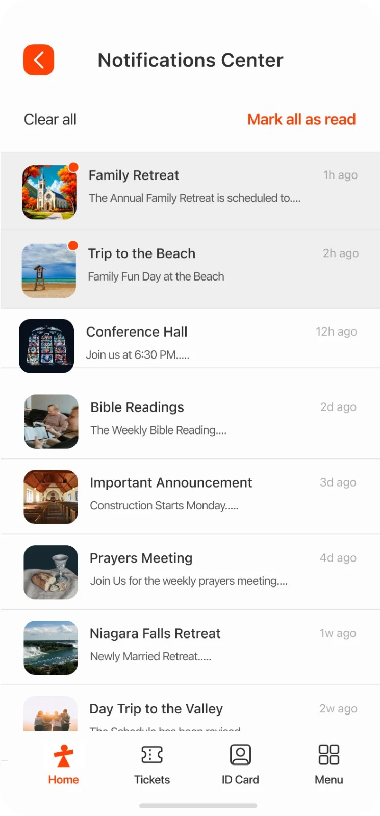The Notifications Center in the ChurchPlan app — pushed announcements listed newest first, from Family Retreat an hour ago down to a day trip two weeks ago, with Clear all and Mark all as read