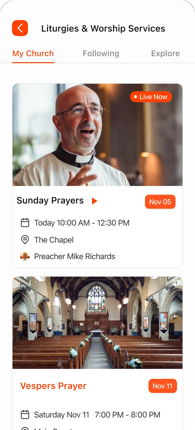 The Liturgies feed — Sunday Prayers live now, the season scheduled ahead
